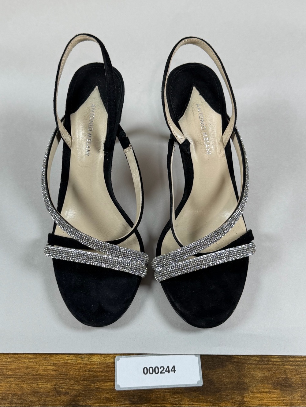Antonio Melani Womens 6M Black Silver Rhinestone Strappy Slingback Heels Leather
